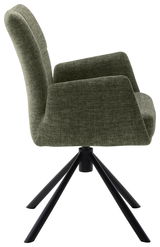 Seitenansicht eines modernen Sessels mit grünem Stoffbezug und schwarzem Metallgestell