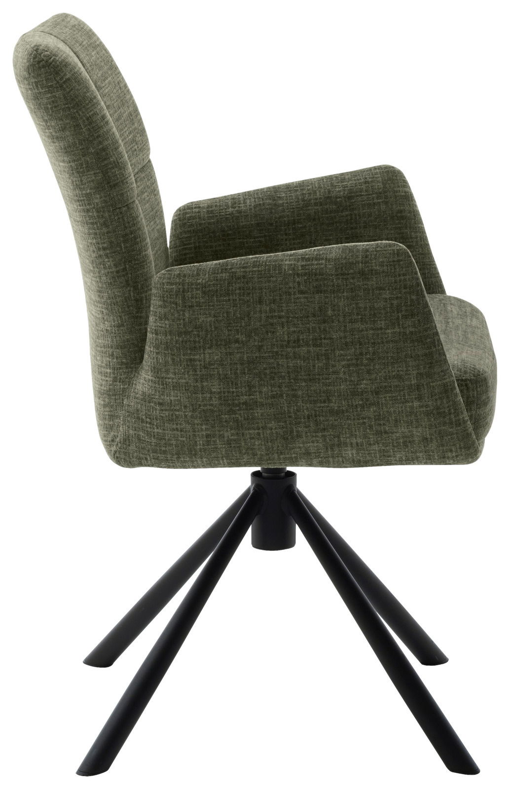 Seitenansicht eines modernen Sessels mit grünem Stoffbezug und schwarzem Metallgestell