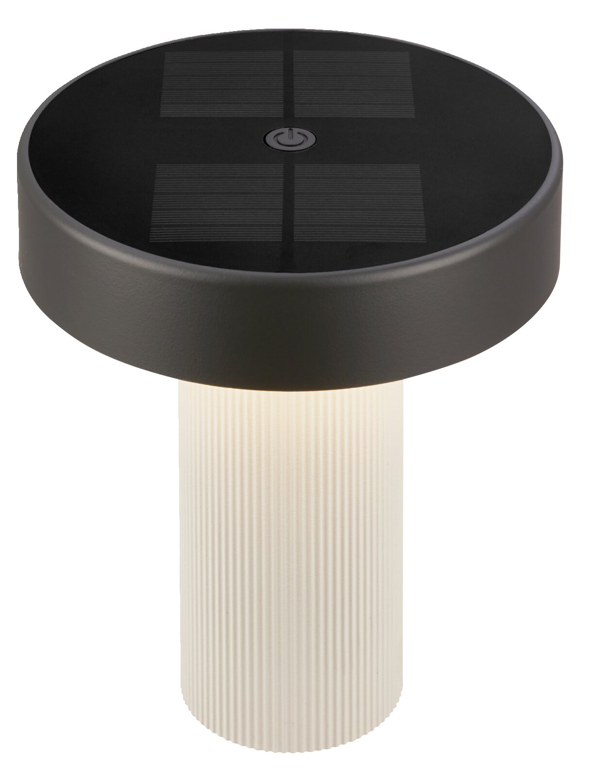 Schwarze Solar-Gartenleuchte mit Solarpanel und Ein-/Aus-Schalter oben, weiß geriffeltem Diffusor/Stab, Produktansicht schräg von oben (Top-View) vor weißem Hintergrund