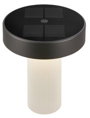 Schwarze Solar-Gartenleuchte mit Solarpanel und Ein-/Aus-Schalter oben, weiß geriffeltem Diffusor/Stab, Produktansicht schräg von oben (Top-View) vor weißem Hintergrund