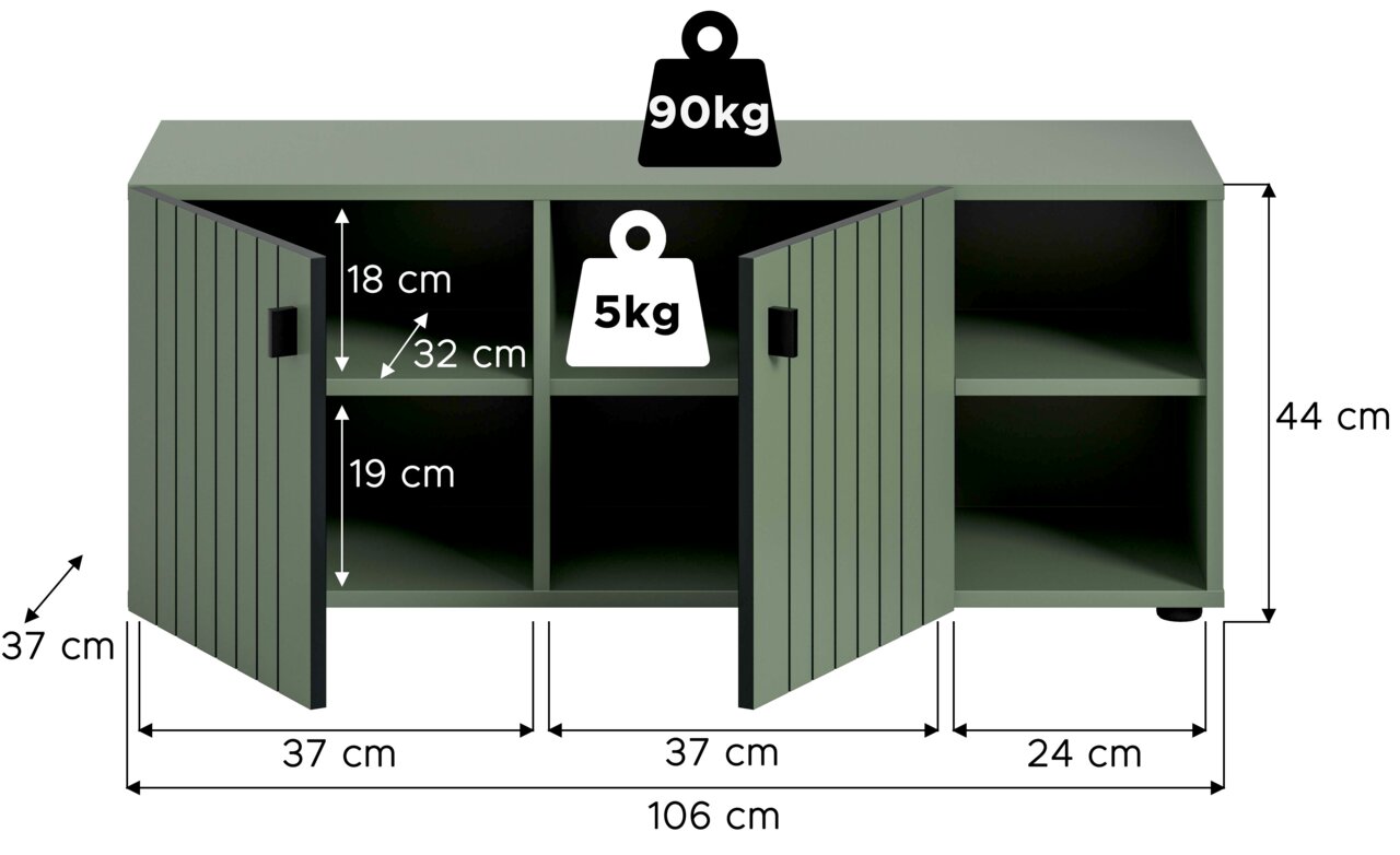 Grünes Sideboard/TV-Lowboard mit zwei geöffneten Lamellentüren, Innenfächern und Maßangaben (B 106 cm, H 44 cm, T 37 cm), Traglast oben 90 kg, Regalboden 5 kg; Ansicht von vorne in leichter Schrägperspektive.
