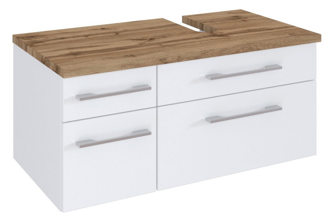 Moderner Waschbeckenunterschrank mit weißem Korpus und Holzoptik-Oberfläche, Perspektive von vorne rechts