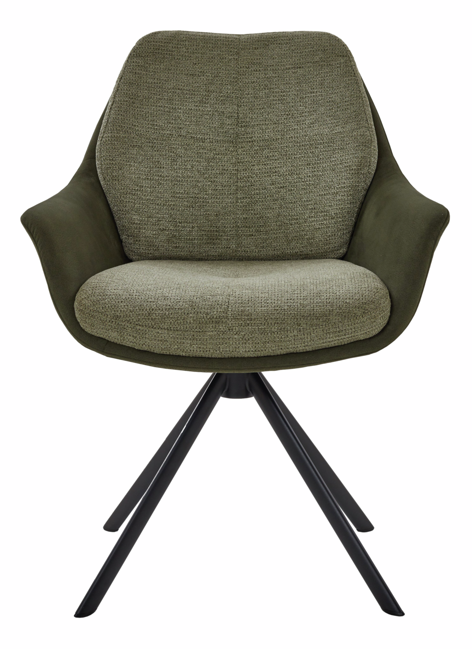 Frontansicht eines modernen Armlehnstuhls mit grünem Stoffbezug und schwarzen Metallbeinen.