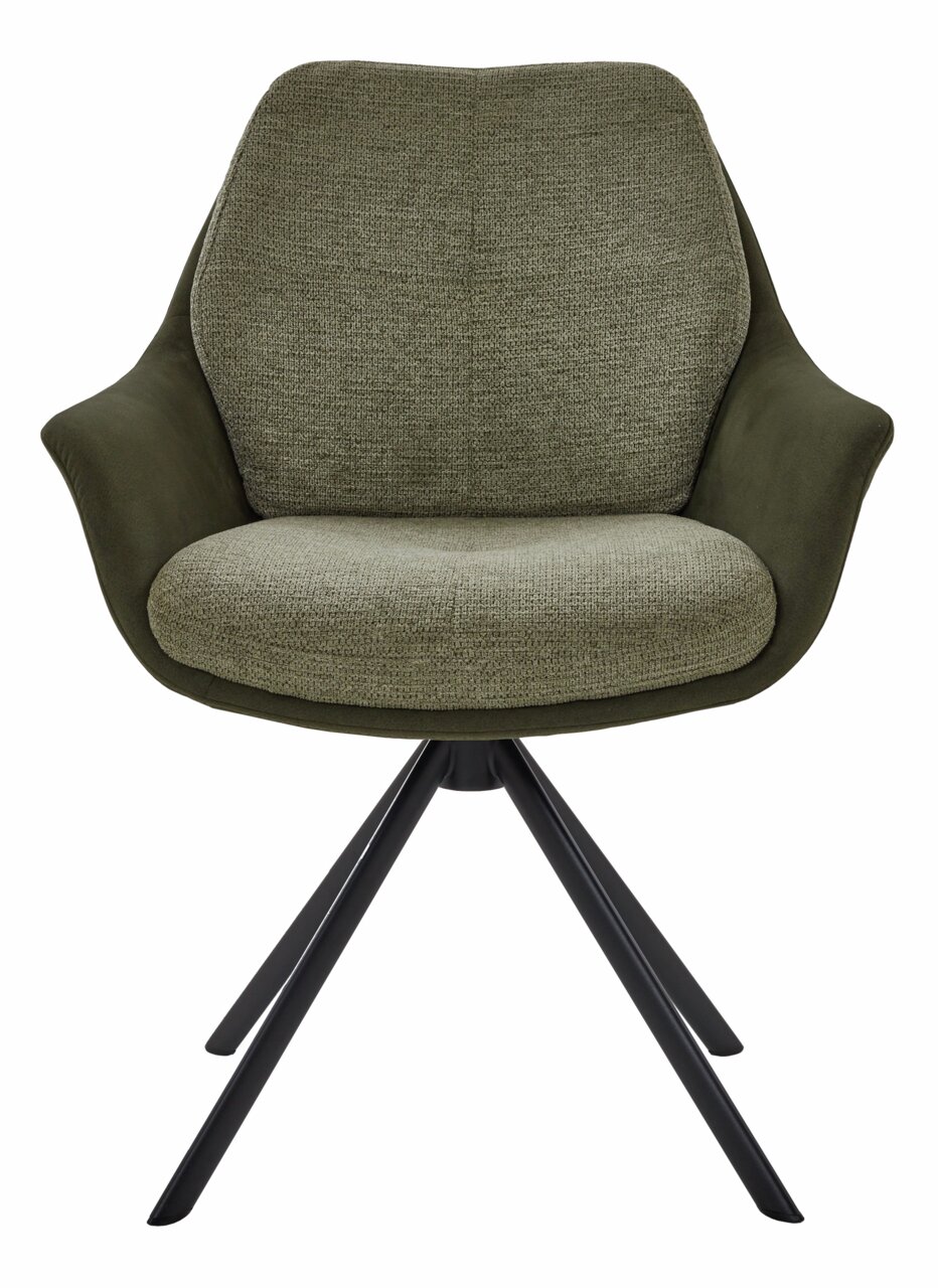 Frontansicht eines modernen Armlehnstuhls mit grünem Stoffbezug und schwarzen Metallbeinen.