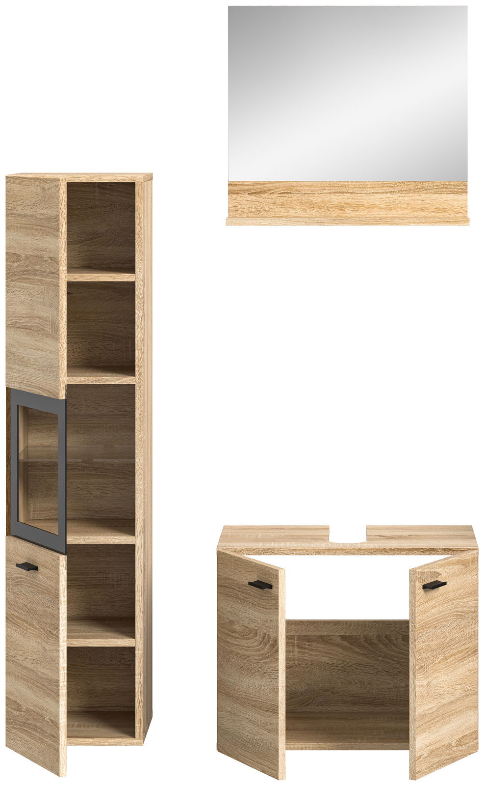Badkombination aus Holzoptik mit Hochschrank, Waschbeckenunterschrank und Spiegel, frontal betrachtet