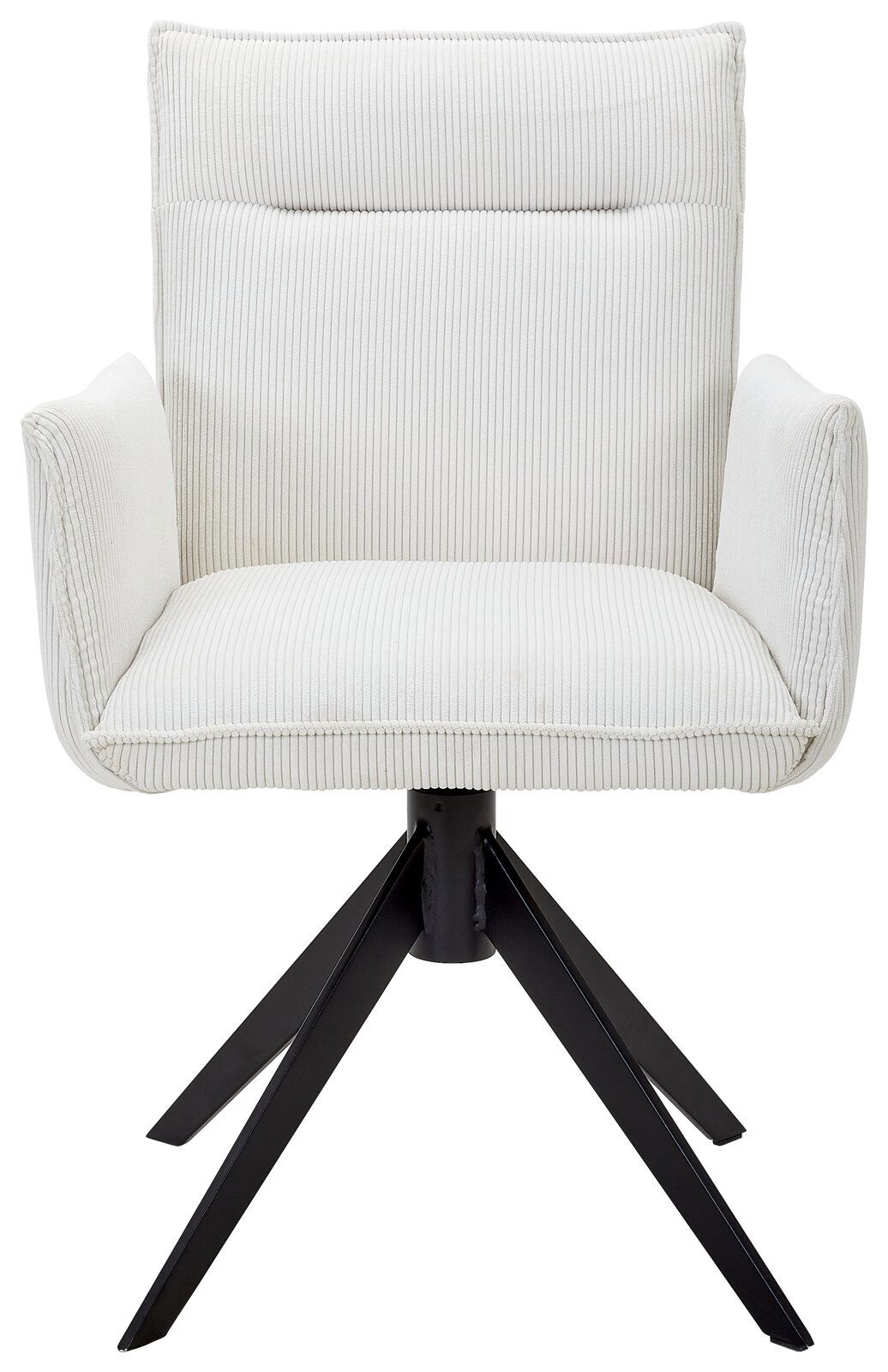 Weißer Armlehnstuhl mit geripptem Stoffbezug und schwarzem Metallgestell, Frontalansicht