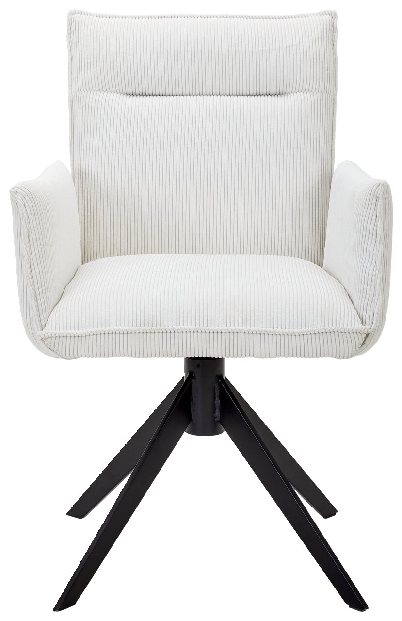 Weißer Armlehnstuhl mit geripptem Stoffbezug und schwarzem Metallgestell, Frontalansicht