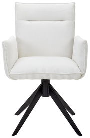 Weißer Armlehnstuhl mit geripptem Stoffbezug und schwarzem Metallgestell, Frontalansicht