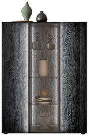 Frontansicht eines Highboards mit Holzmaserung, Glastüren und dekorativen Objekten auf den Regalen.