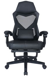 Schwarzer Gaming-Stuhl mit ergonomischem Design, Rückenlehne aus Netzstoff und verstellbaren Armlehnen, Vorderansicht