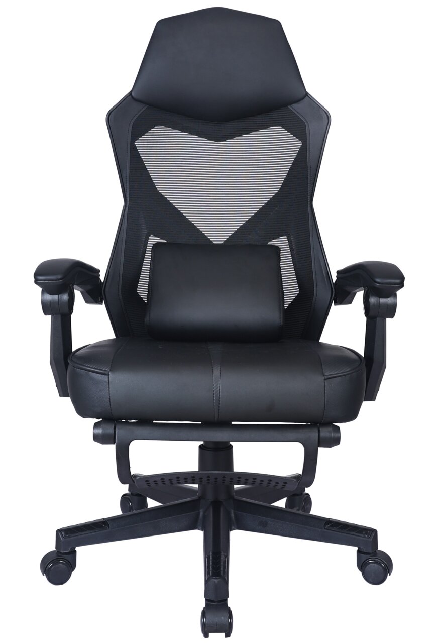 Schwarzer Gaming-Stuhl mit ergonomischem Design, Rückenlehne aus Netzstoff und verstellbaren Armlehnen, Vorderansicht