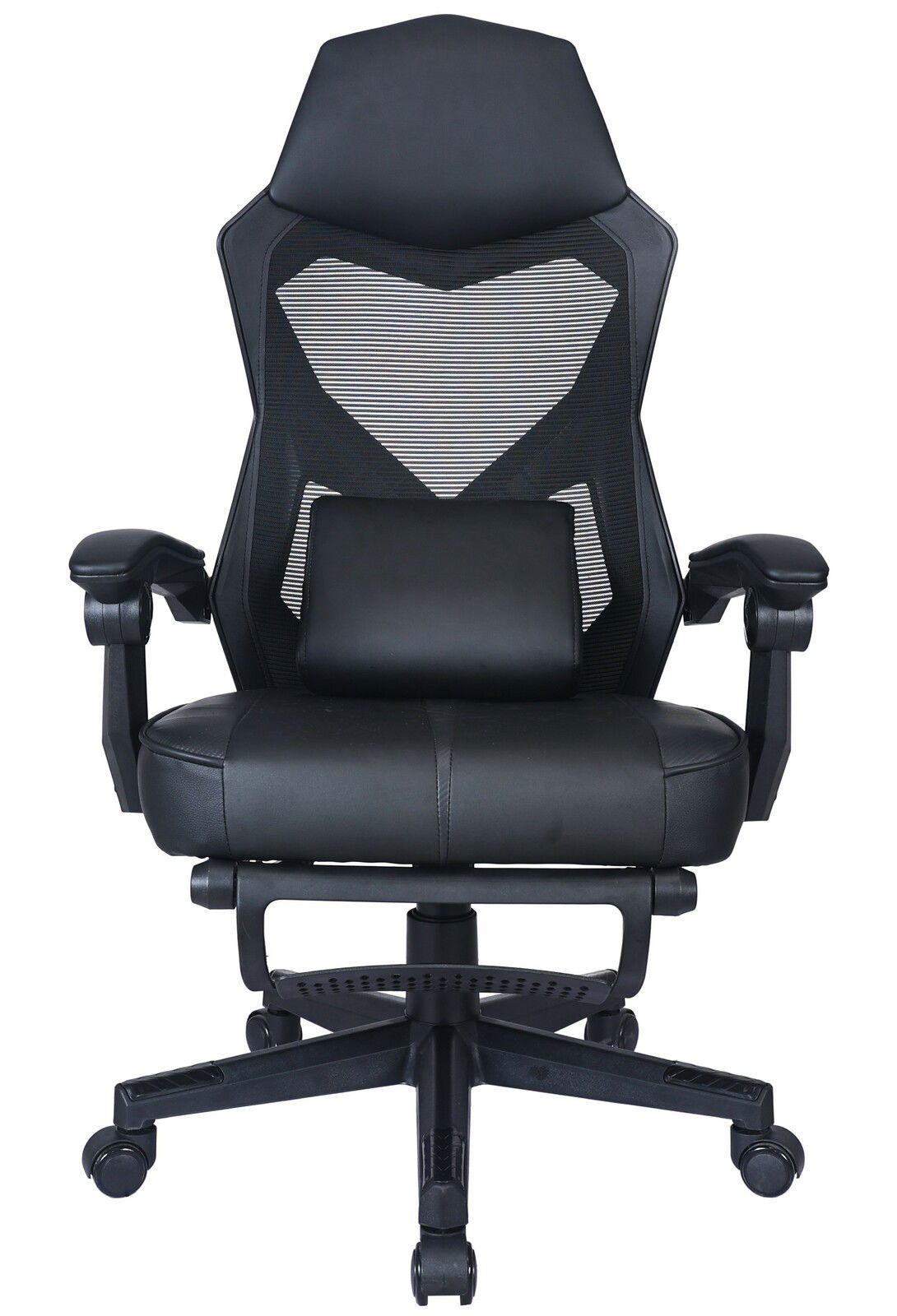 Schwarzer Gaming-Stuhl mit ergonomischem Design, Rückenlehne aus Netzstoff und verstellbaren Armlehnen, Vorderansicht