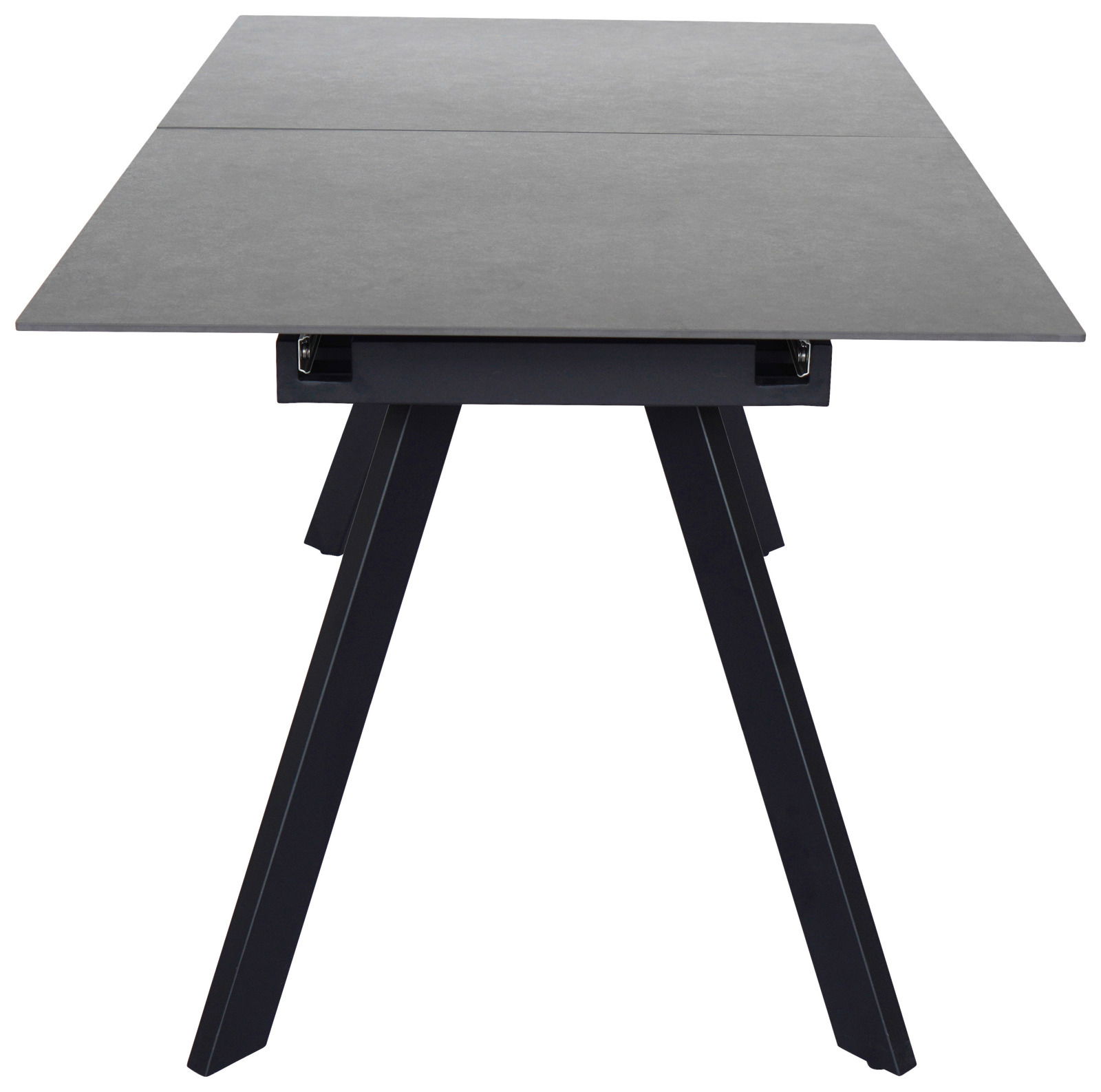 Moderner Esstisch mit rechteckiger Tischplatte und schrägen Beinen, Frontalansicht