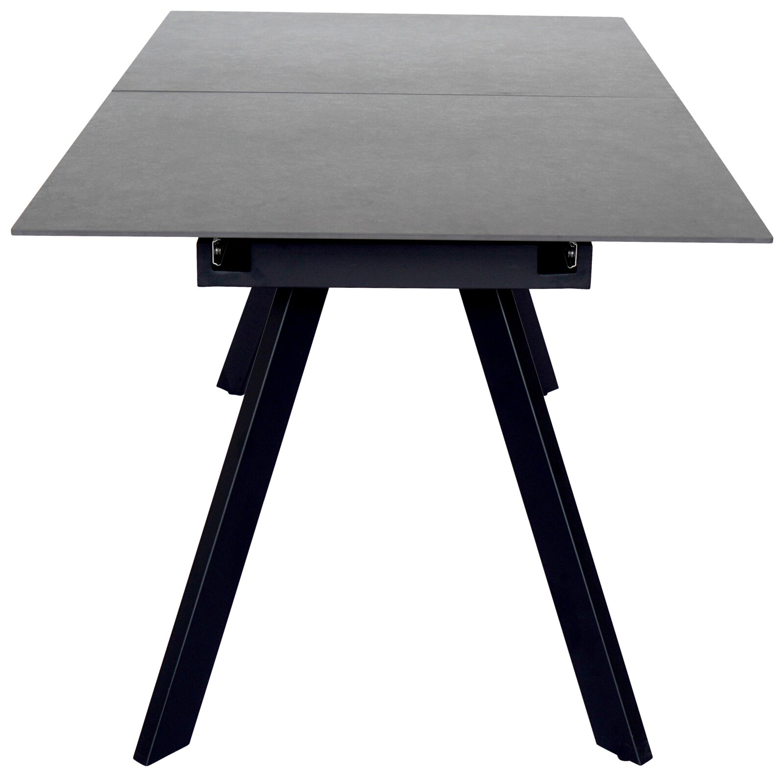 Moderner Esstisch mit rechteckiger Tischplatte und schrägen Beinen, Frontalansicht