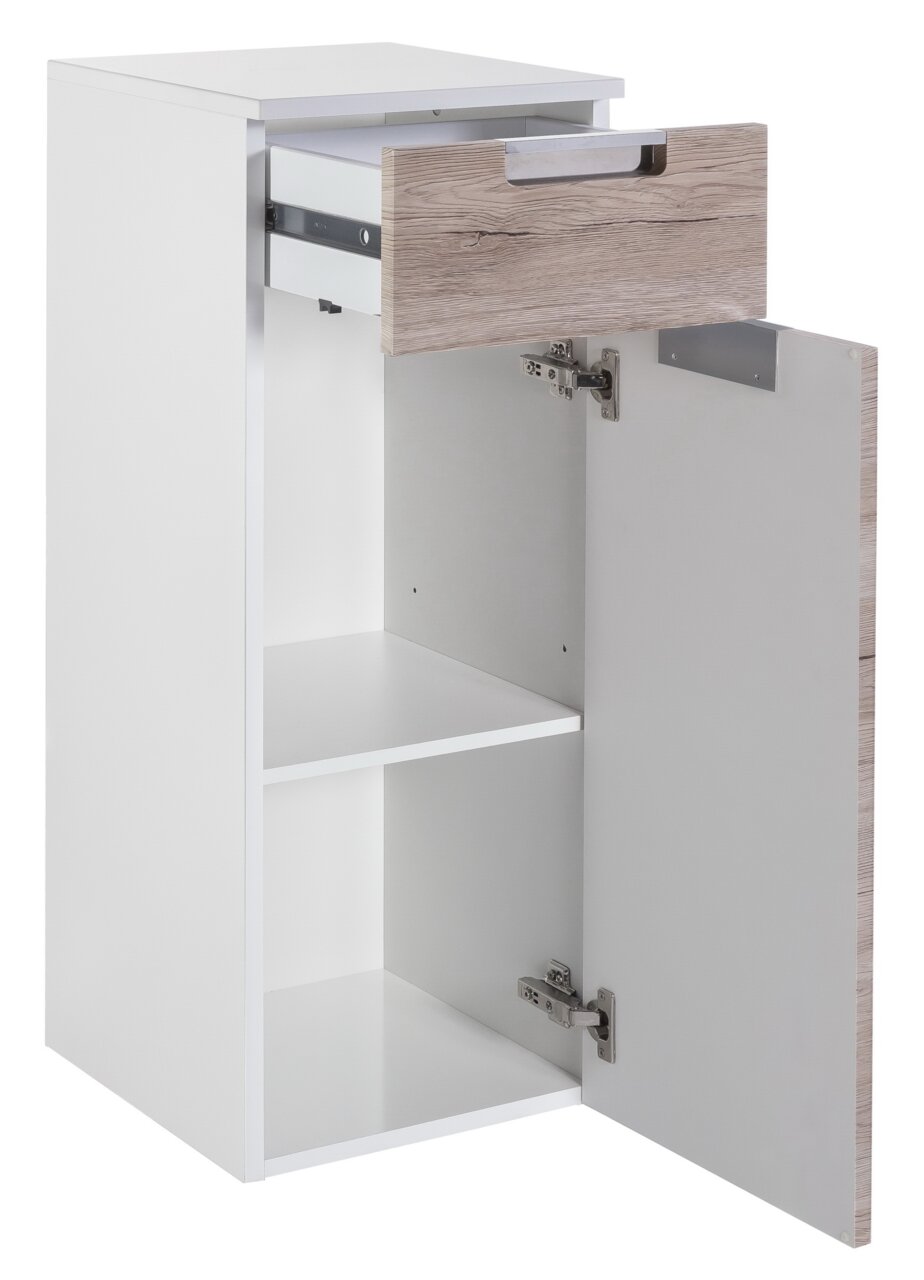Unterschrank mit geöffneter Schublade und Tür, weiße Oberfläche mit Holzdetails, Perspektive von vorne links