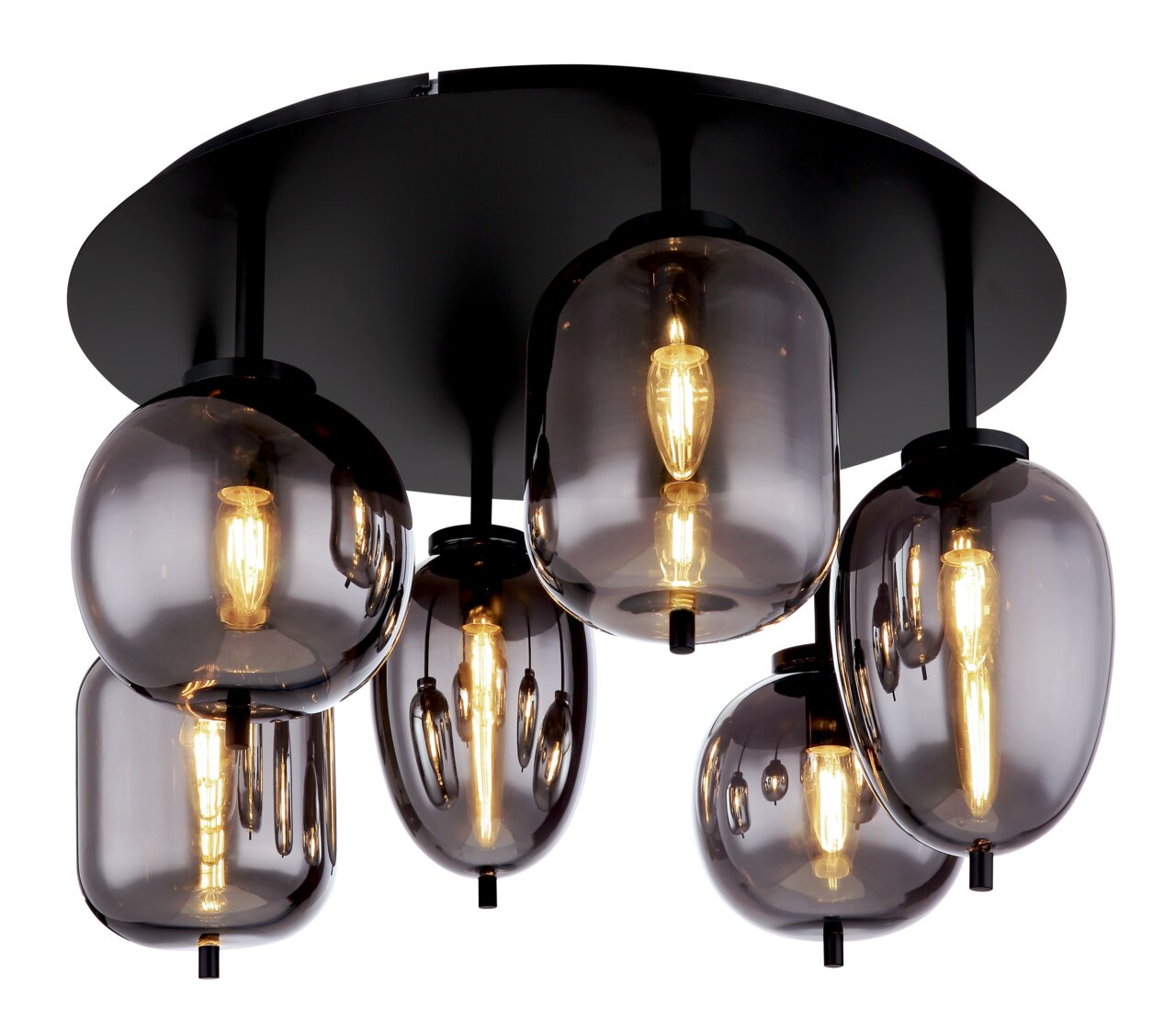 Globo Lighting Deckenleuchte BLACKY Moderne Deckenleuchte mit fünf rauchgrauen Glaskugeln und warmweißen Glühbirnen, Ansicht von unten.
