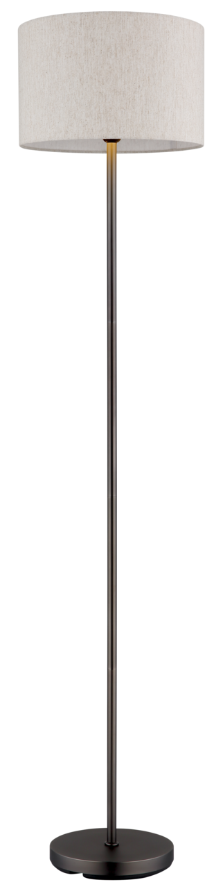 Moderne Stehleuchte mit rundem Stoffschirm und schlankem, schwarzem Ständer, frontal abgebildet.