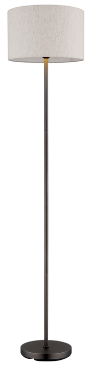 Moderne Stehleuchte mit rundem Stoffschirm und schlankem, schwarzem Ständer, frontal abgebildet.