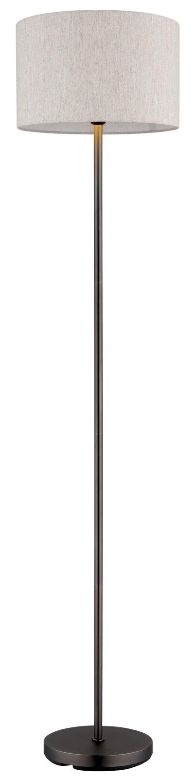 Moderne staande lamp met ronde stoffen kap en slanke, zwarte voet, afgebeeld van voren.