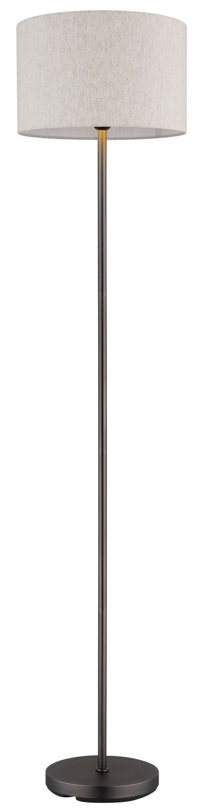 Moderne Stehleuchte mit rundem Stoffschirm und schlankem, schwarzem Ständer, frontal abgebildet.