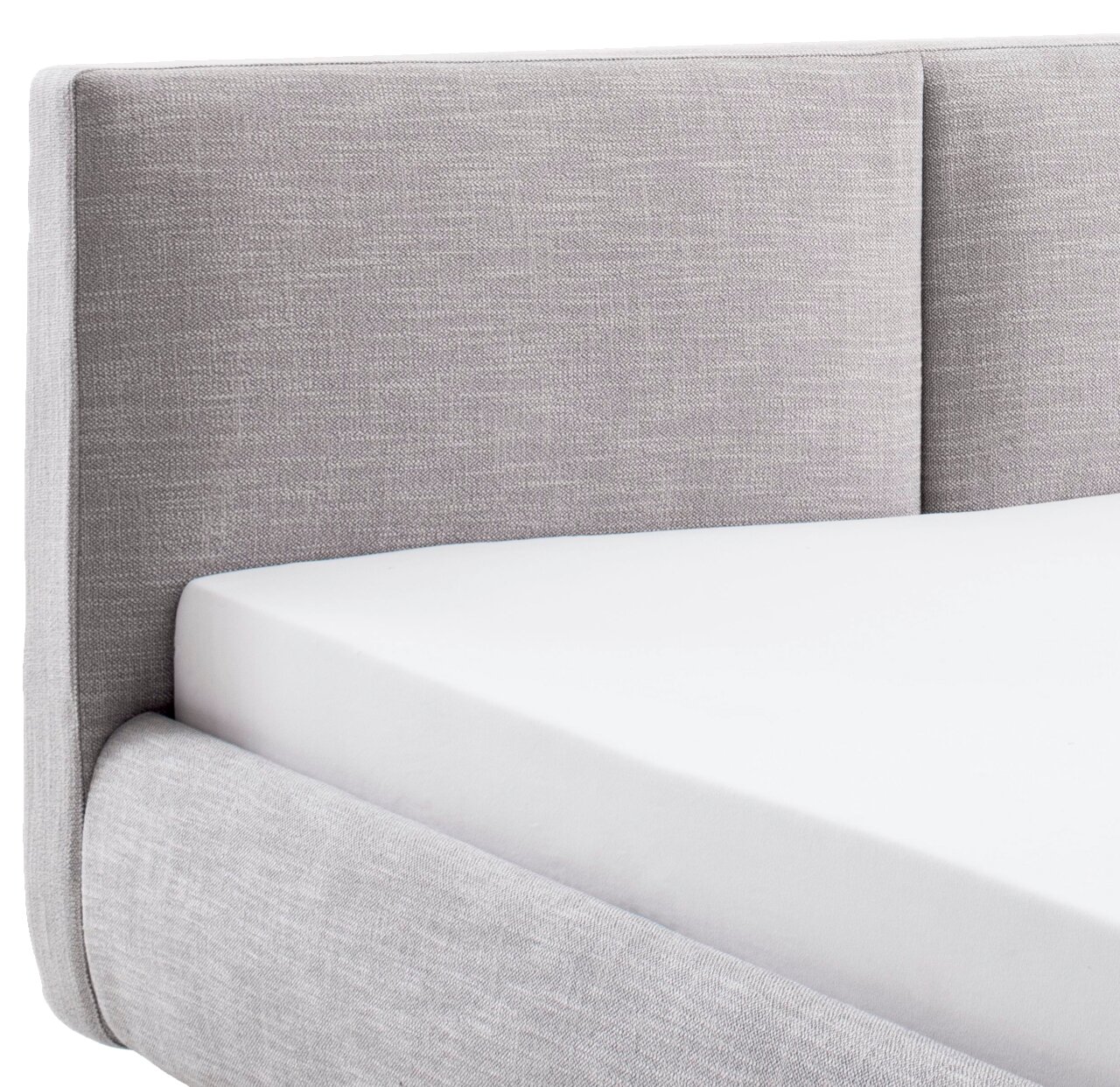 Graues Polsterbett mit Kopfteil, seitliche Perspektive