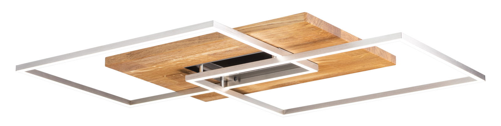 Moderne LED-Deckenleuchte mit zwei rechteckigen Metallrahmen und Holzelement, seitliche Perspektive