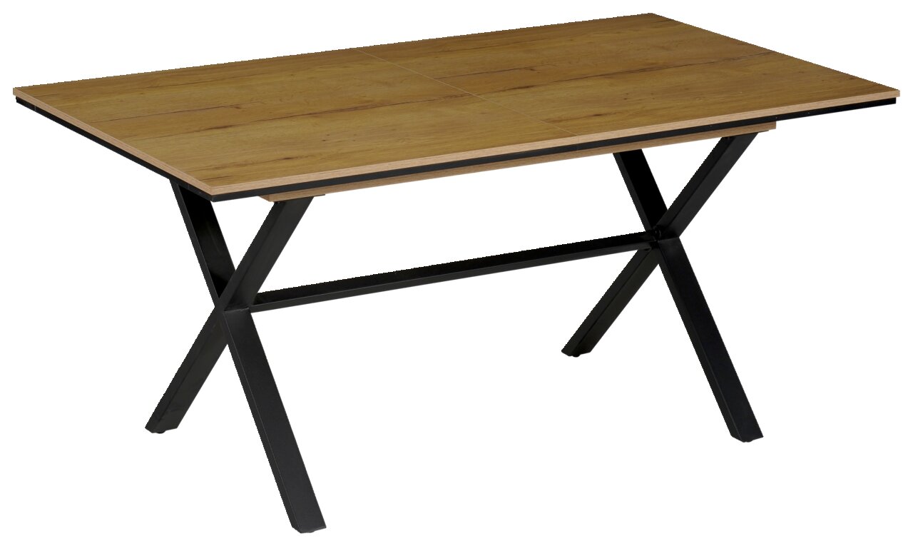 Moderner Esstisch mit Holzplatte und schwarzen Metallbeinen, seitliche Perspektive