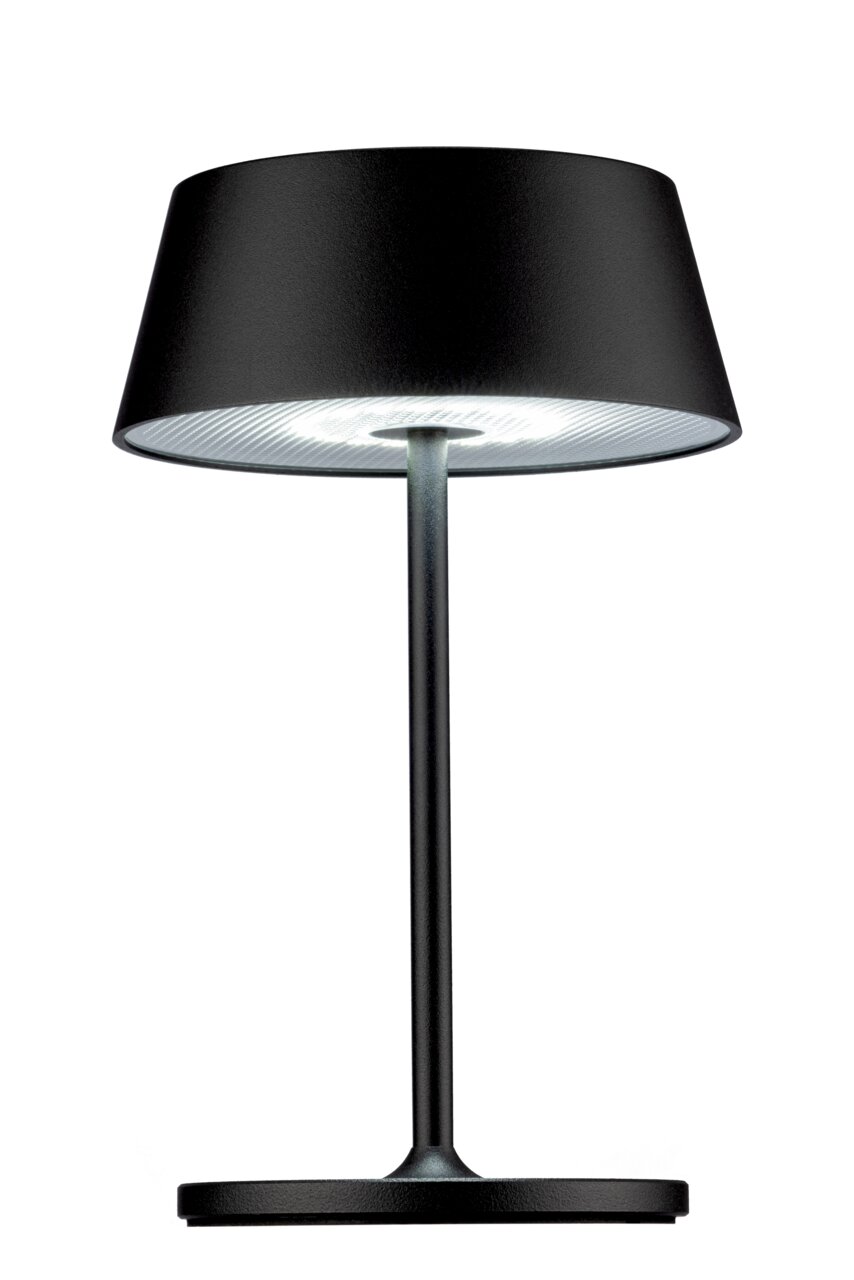Schwarze Akku-Tischleuchte mit modernem Design, seitliche Perspektive