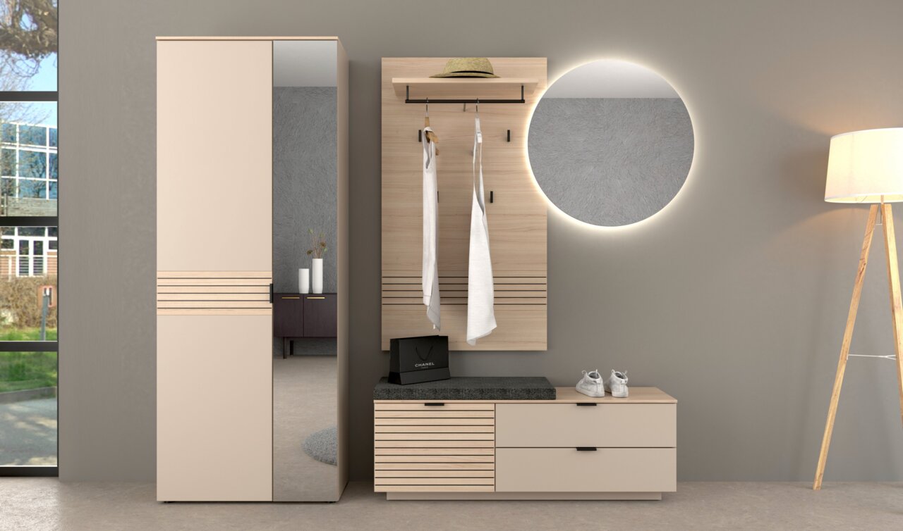 Voleo Garderobenschrank INA Moderne Garderobenkombination mit Spiegel, Kleiderhaken und Sitzbank in einer stilvollen Raumansicht.