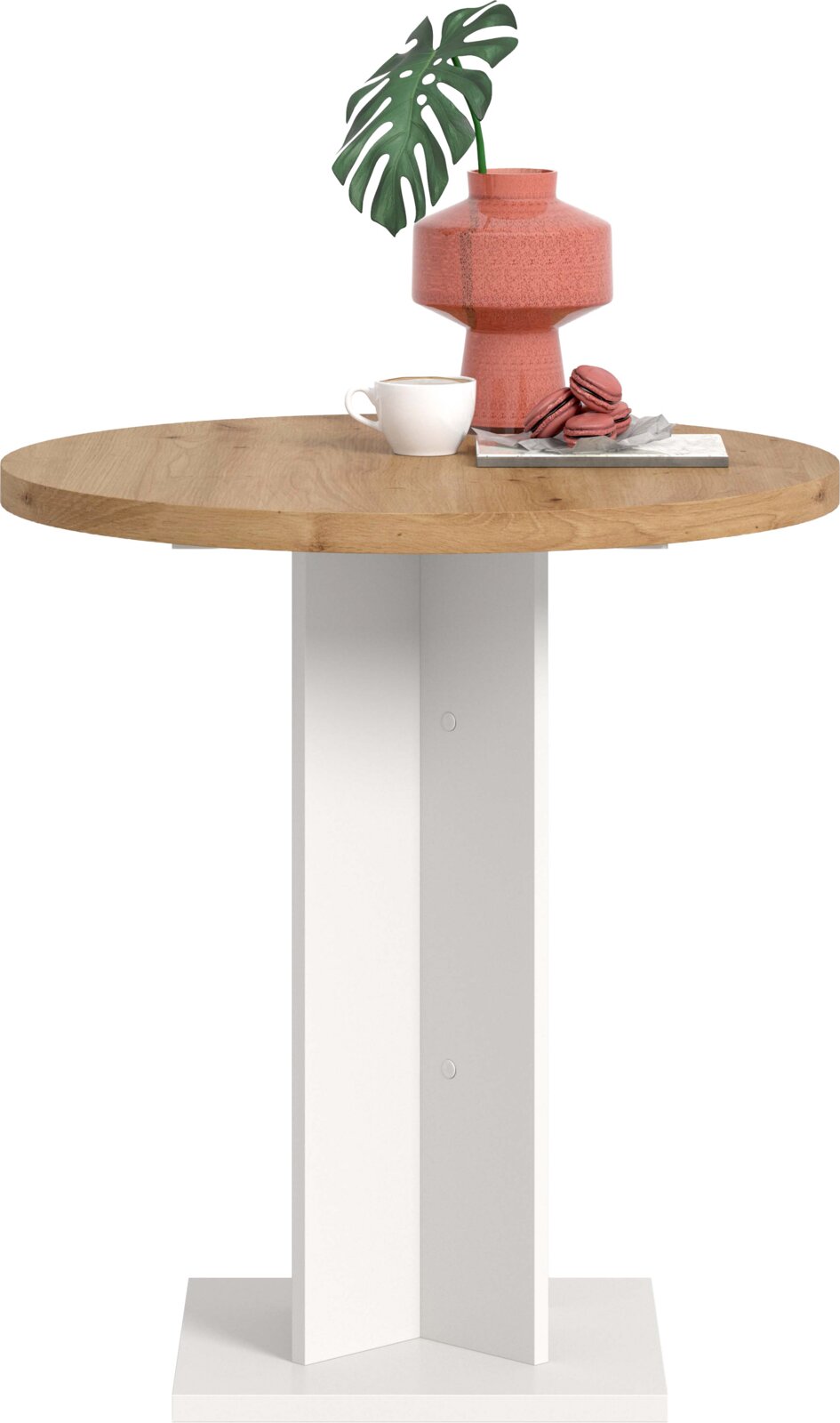 Runder Stehtisch mit naturfarbener Holzplatte und weißem Mittelfuß, freigestellt auf weißem Hintergrund; Frontansicht in leicht erhöhter Perspektive mit Deko (Vase, Tasse, Gebäck) auf der Tischplatte.