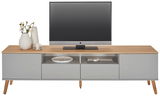 Modernes TV-Board mit grauen Schubladen und Holzoberfläche, frontal betrachtet, dekoriert mit Vasen und einem Fernseher.
