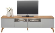Modernes TV-Board mit grauen Schubladen und Holzoberfläche, frontal betrachtet, dekoriert mit Vasen und einem Fernseher.