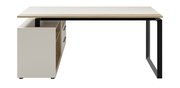 Moderner Eckschreibtisch mit Container, seitliche Perspektive, weiße und holzfarbene Oberfläche, schwarzes Metallgestell.