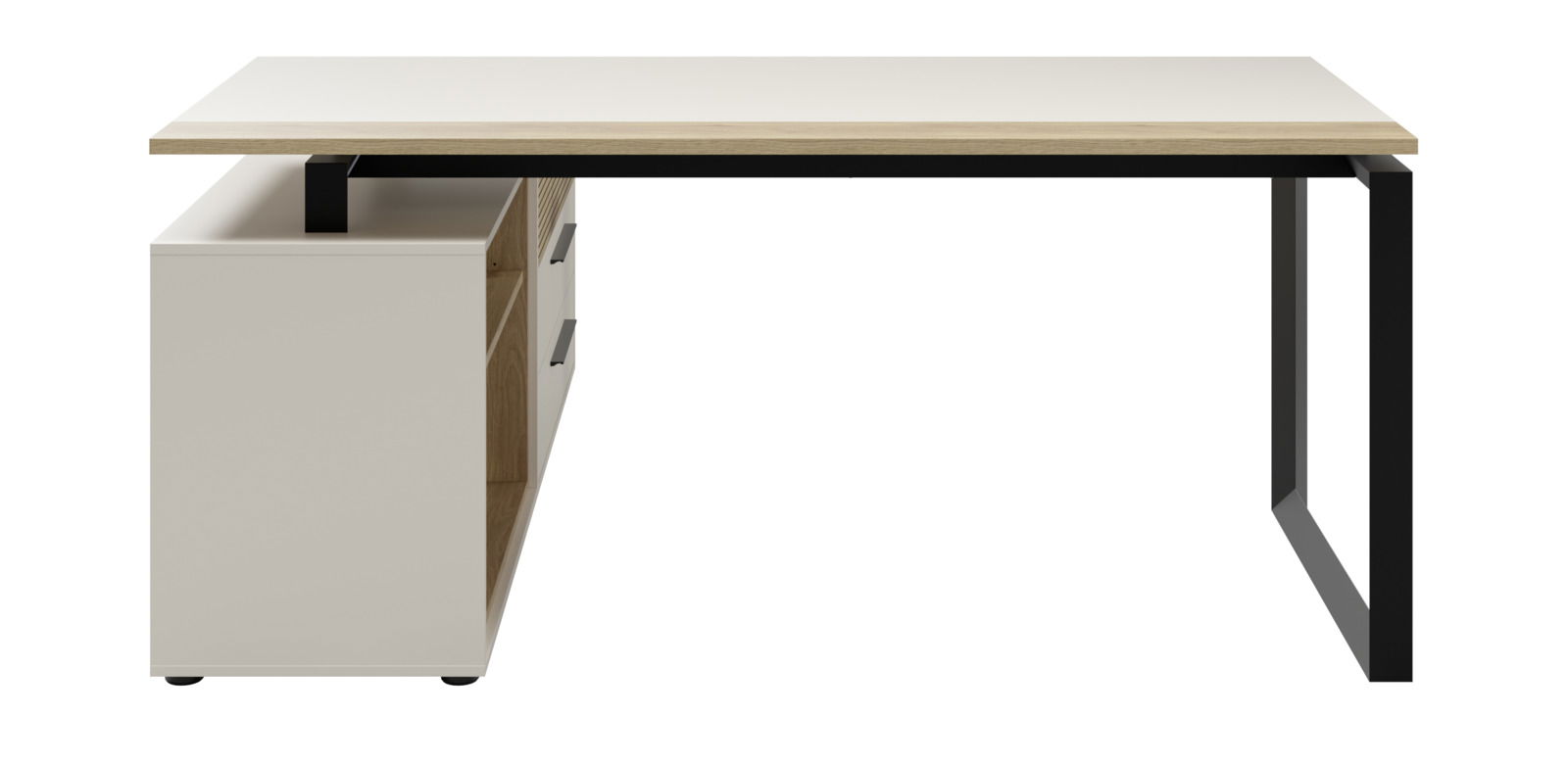 Moderner Eckschreibtisch mit Container, seitliche Perspektive, weiße und holzfarbene Oberfläche, schwarzes Metallgestell.