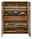 Geöffnetes Highboard aus Holz mit Glastüren, beleuchtetem Innenraum, Gläsern, Tellern und Büchern, frontal betrachtet.