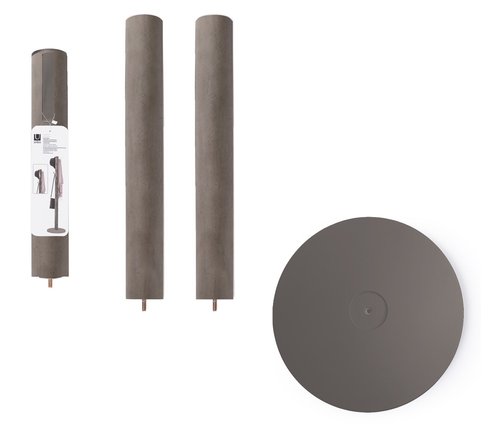 Garderobenständer in Einzelteilen, bestehend aus zwei zylindrischen Stangen und einer runden Basis, aus der Seitenperspektive.