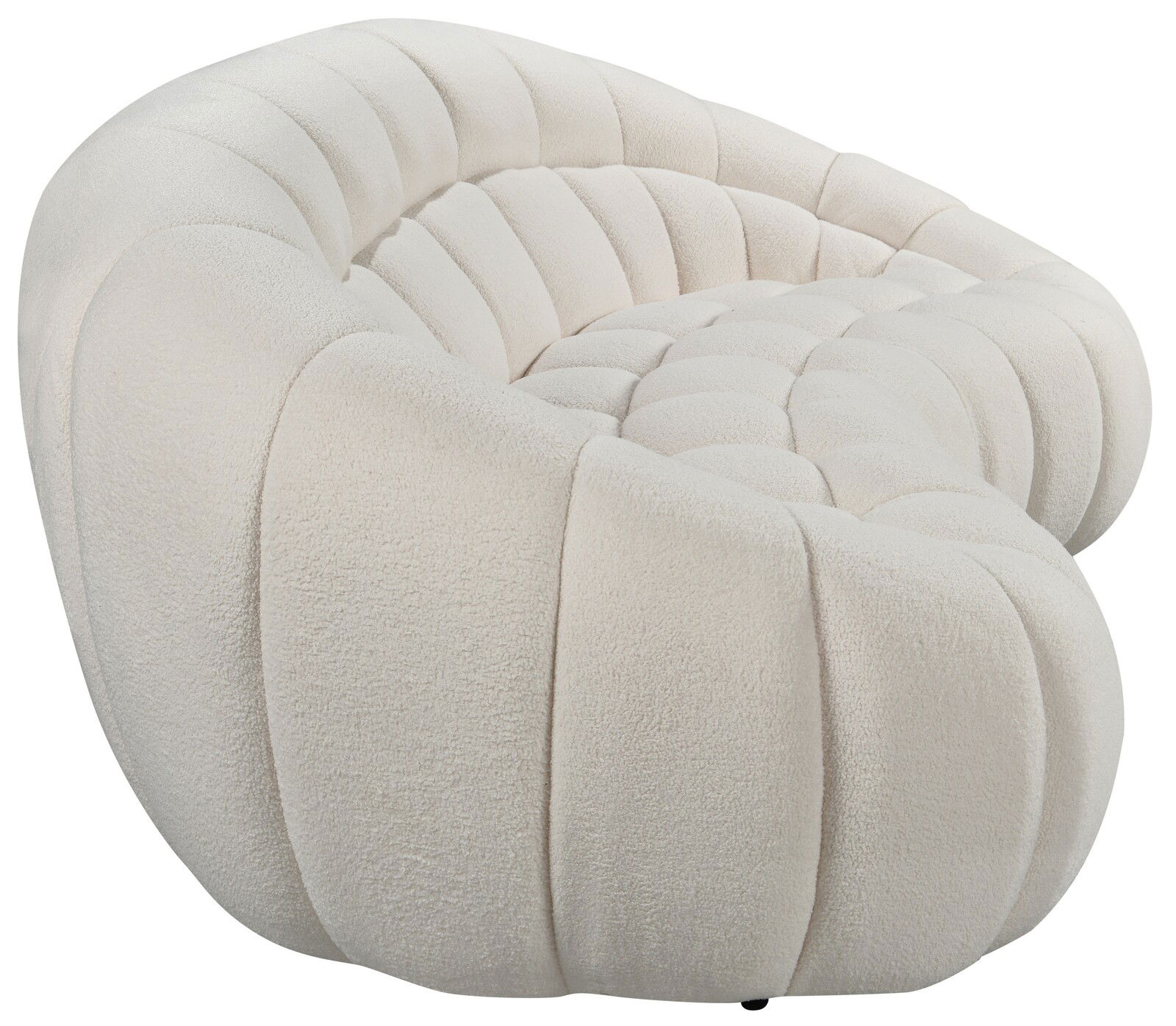 Beiges, geschwungenes 3-Sitzer-Sofa aus weichem Stoff, seitliche Perspektive