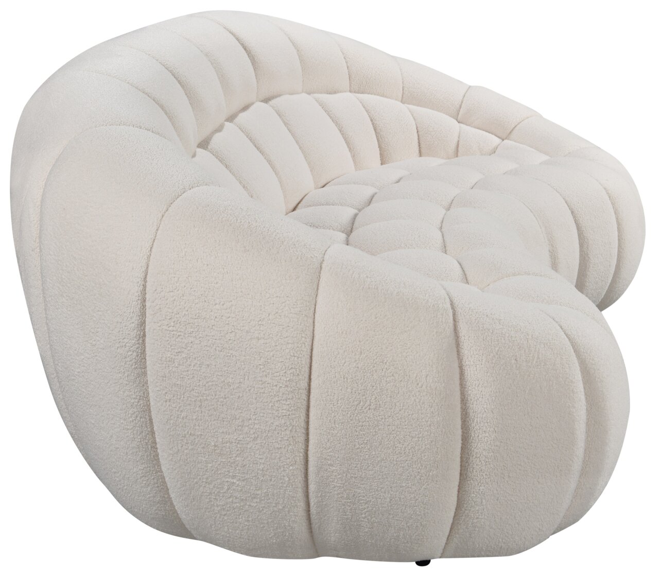 Beiges, geschwungenes 3-Sitzer-Sofa aus weichem Stoff, seitliche Perspektive