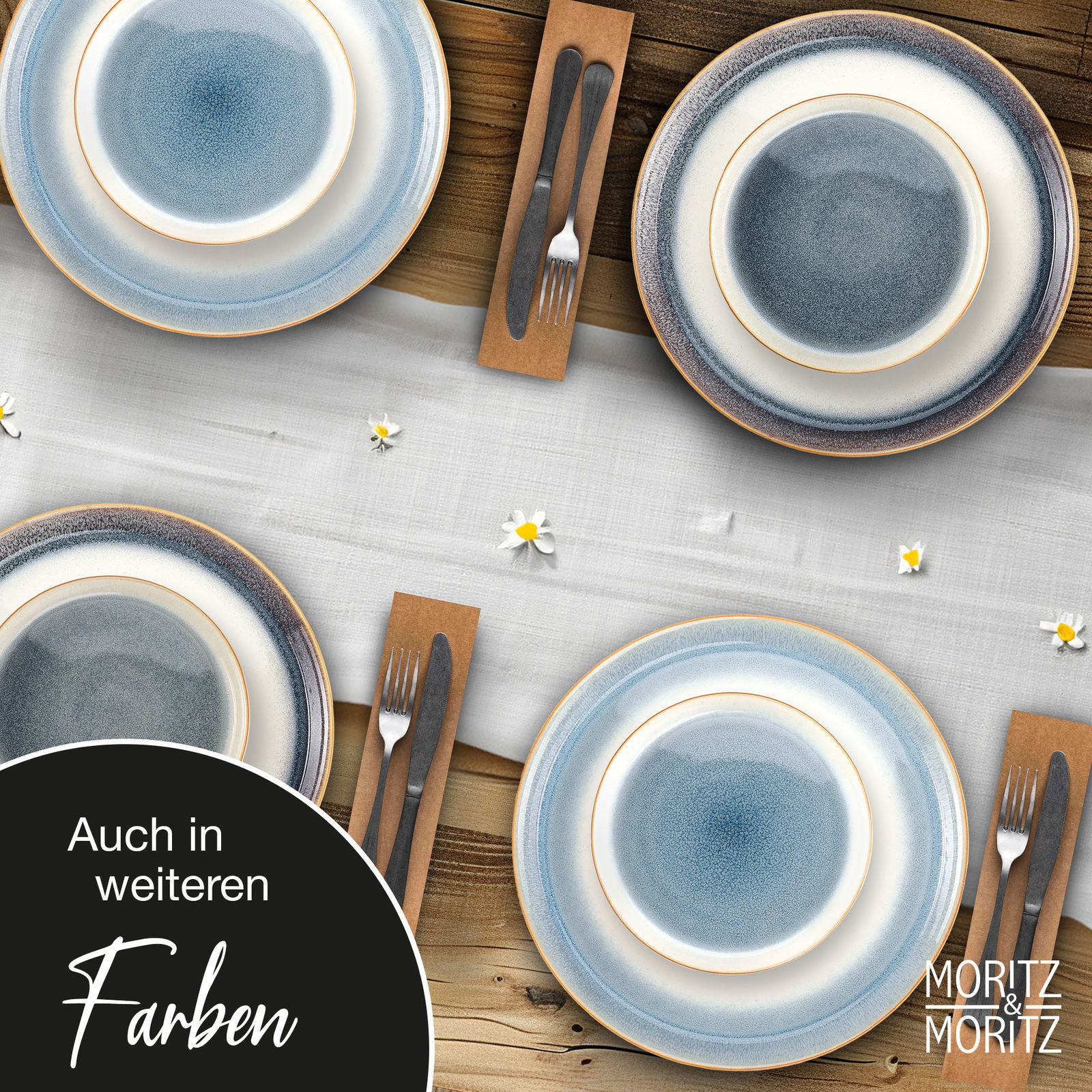 Moritz & Moritz Geschirrset 24-tlg. TARENTO Vogelperspektive auf ein Geschirrset Tarento mit blauen und weißen Tellern, Besteck und Servietten auf einem Holztisch mit weißem Läufer und kleinen Blumen.