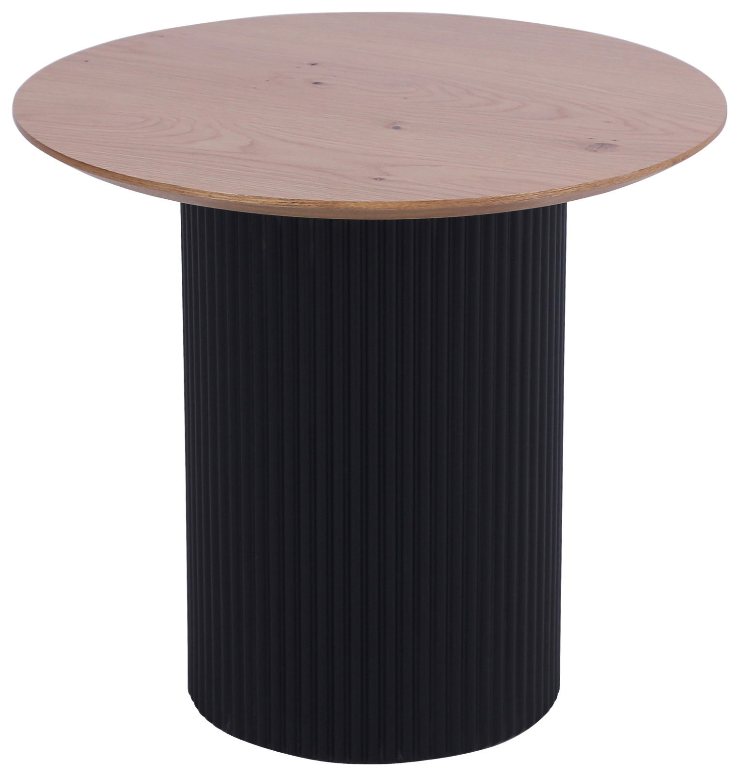 Stylife Beistelltisch GROOVE WOOD Runder Beistelltisch mit schwarzem, geriffeltem Sockel und heller Holzplatte, seitliche Perspektive
