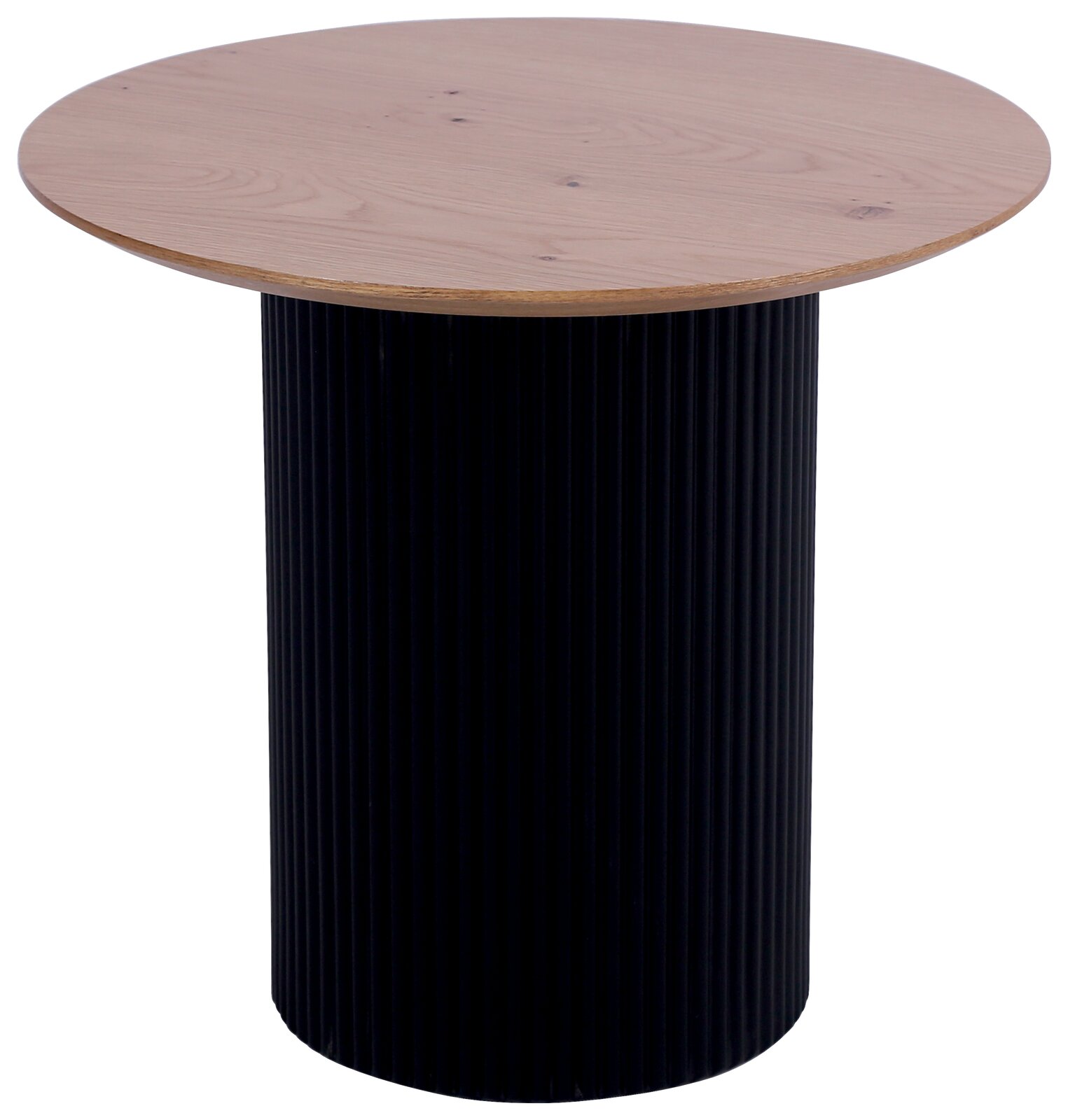 Stylife Beistelltisch GROOVE WOOD Runder Beistelltisch mit schwarzem, geriffeltem Sockel und heller Holzplatte, seitliche Perspektive