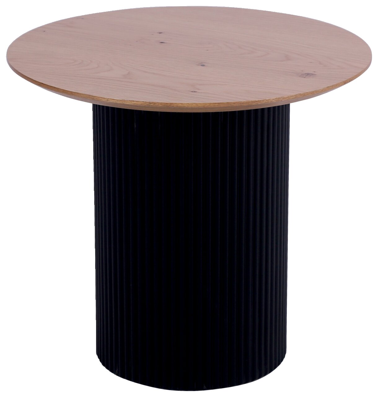 Stylife Beistelltisch GROOVE WOOD Runder Beistelltisch mit schwarzem, geriffeltem Sockel und heller Holzplatte, seitliche Perspektive