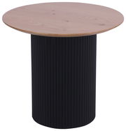 Runder Beistelltisch mit schwarzem, geriffeltem Sockel und heller Holzplatte, seitliche Perspektive