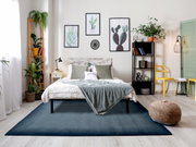 Gemütliches Schlafzimmer mit modernem Dekor, Pflanzen und einem großen, blauen Teppich in der Mitte des Raumes, aus der Perspektive von vorne betrachtet.