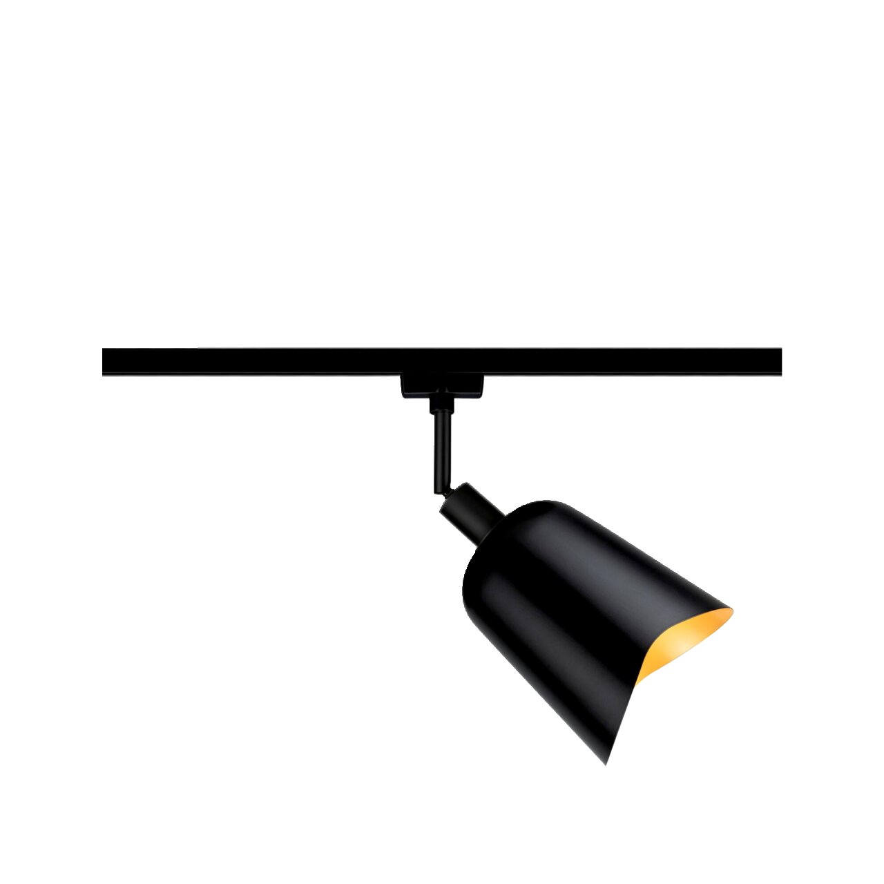Zwarte decoratieve lamp Alvaro in zijaanzicht, gemonteerd op een rail, met naar beneden gerichte verlichting.