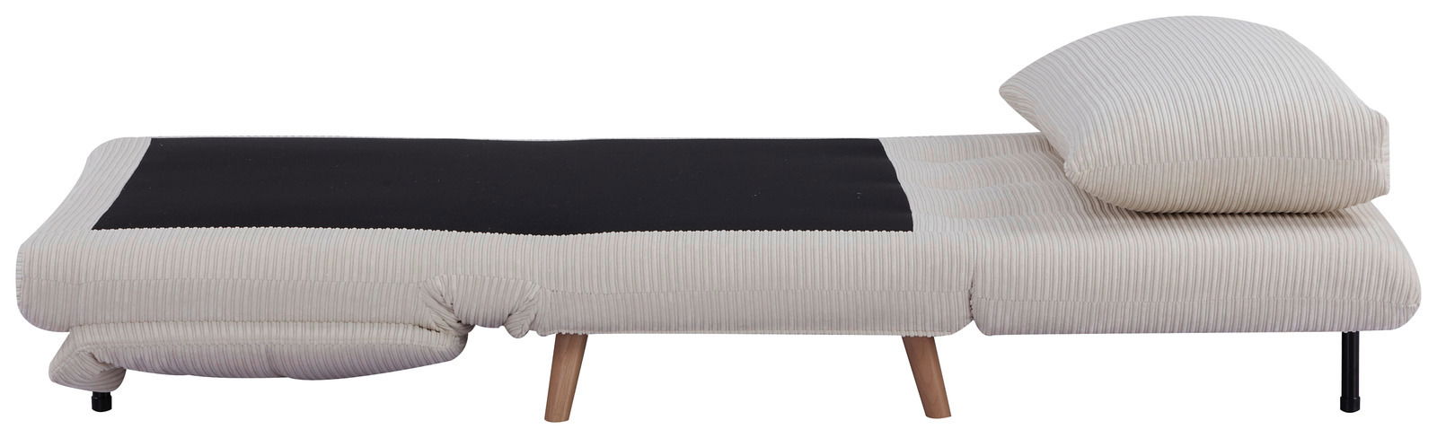 Seitliche Ansicht eines beigen Funktionssessels mit verstellbarer Rückenlehne und Holzbeinen.