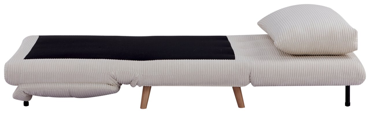 Seitliche Ansicht eines beigen Funktionssessels mit verstellbarer Rückenlehne und Holzbeinen.