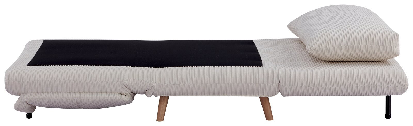 Seitliche Ansicht eines beigen Funktionssessels mit verstellbarer Rückenlehne und Holzbeinen.