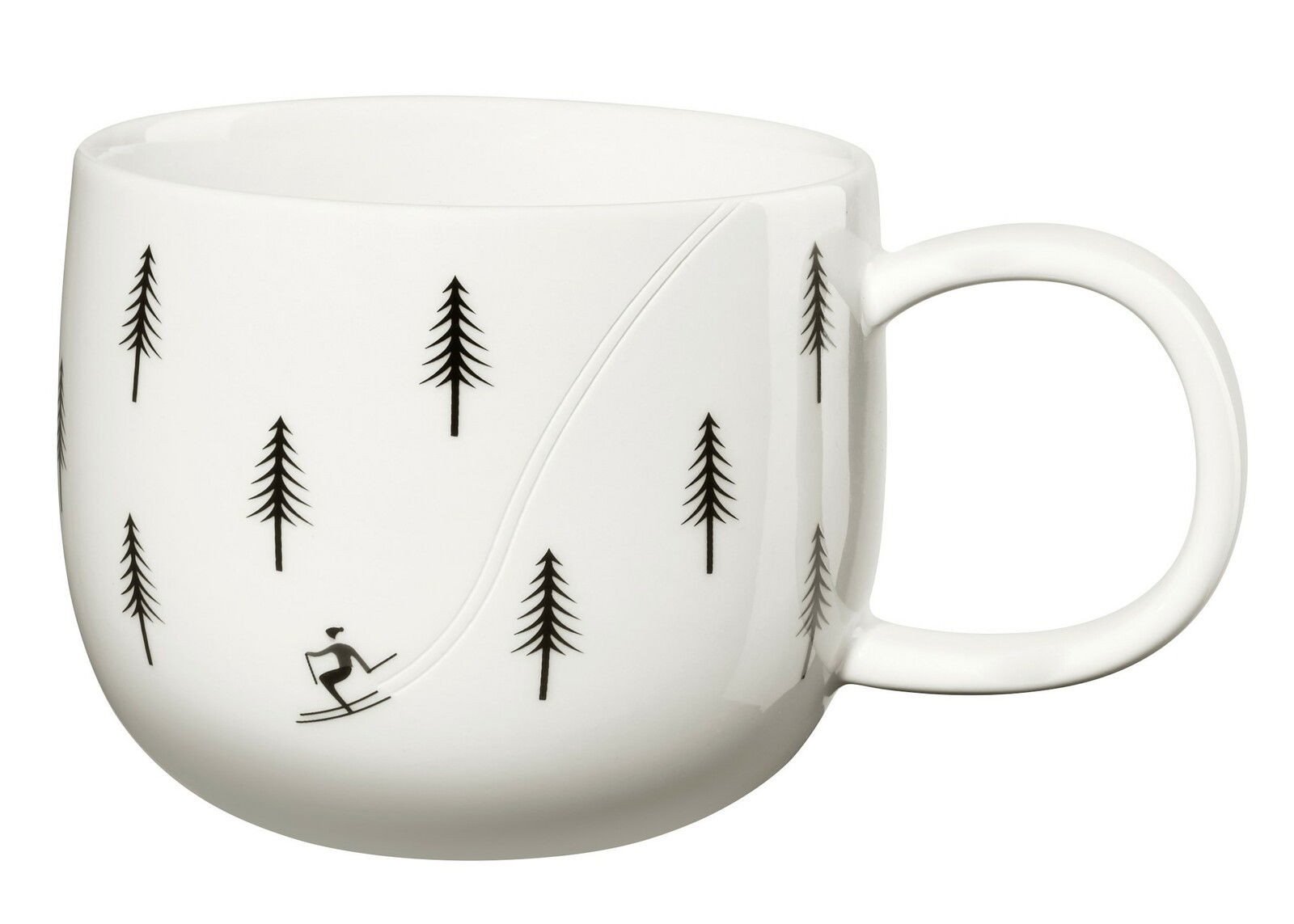 ASA SELECTION Henkelbecher JOY XMAS Weißer Henkelbecher mit schwarzem Skifahrer- und Baum-Motiv, seitliche Perspektive