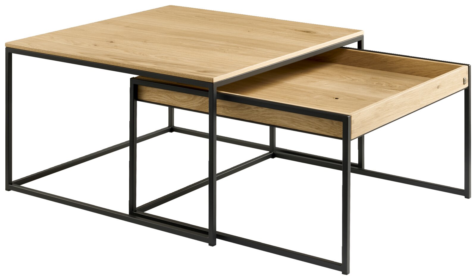 Moderner Couchtisch aus Holz mit schwarzem Metallrahmen, seitliche Perspektive